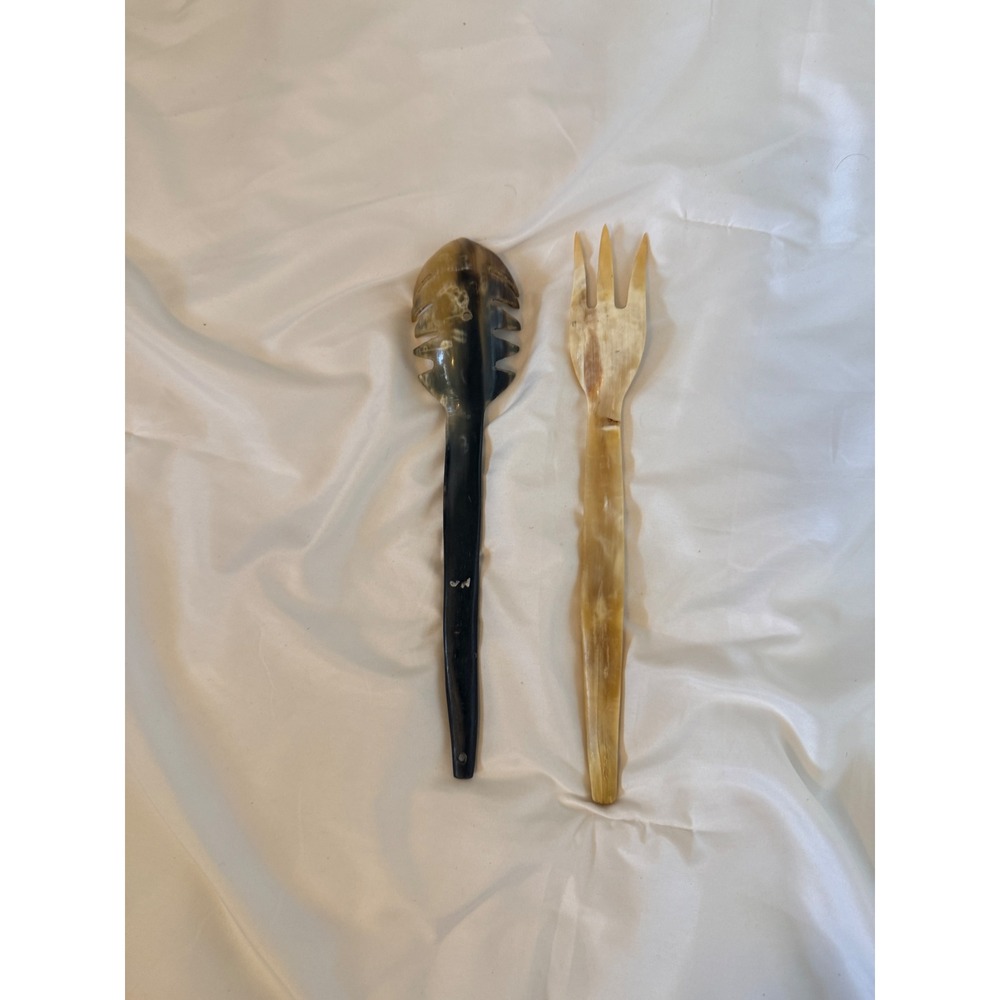 Vintage French Bone Serving Fork and Spoon Handcrafted Natural Horn Salad Pasta - Picture 2 of 2